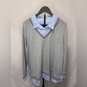 Tommy Hilfiger Gray V-Neck Sweater with Light Blue Shirt Detail and Red Trim